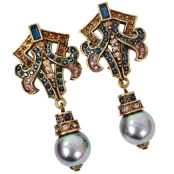 Signed Heidi Daus Gold Tone Crystal Pearl Drop Clip On Earrings VTG Swarovski? - Picture 1 of 17